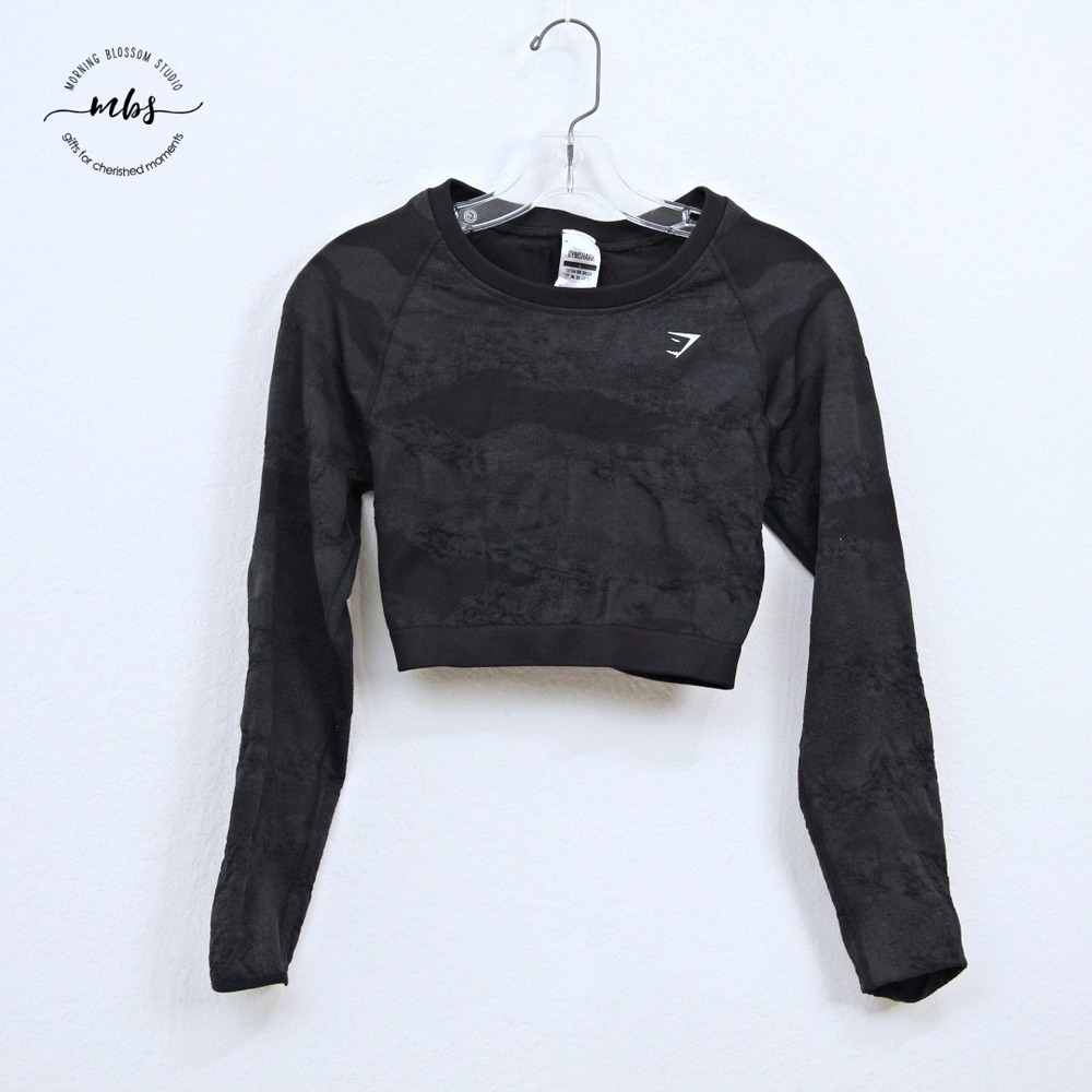 Gymshark Adapt Seamless Lace Up Back Cropped Long Sleeve Camo Top Black Women L